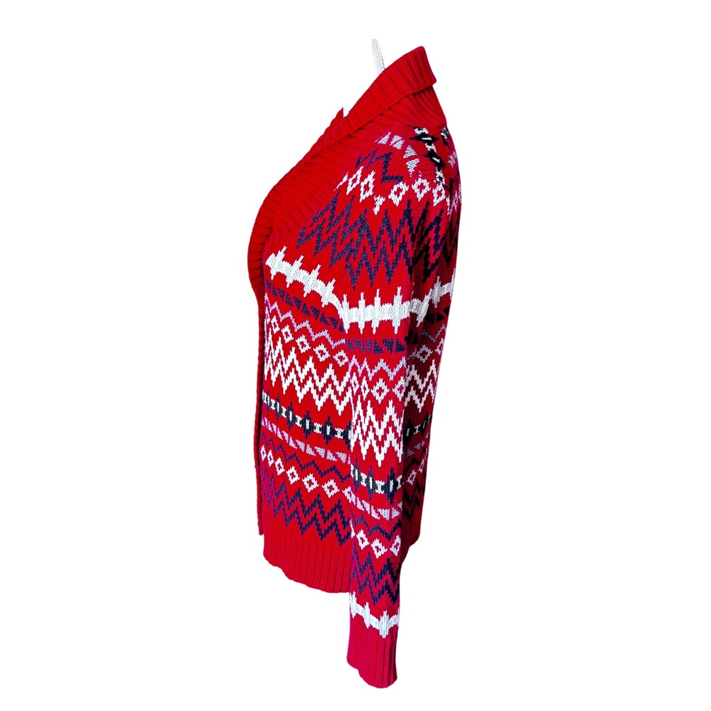 Bass G.H. Bass & Co Women's Red Fair Isle Cotton Shawl Collar Cardigan Sweater M - Picture 7 of 13